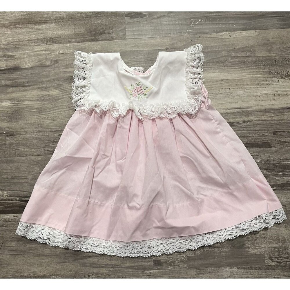Vintage Girl's Dress 6 Months Party Floral Pink White Bib Lace Trim Flower 90s